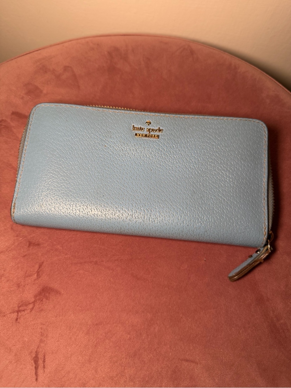 kate spade Powder Blue Zip-Around Leather Wallet with Gold Logo